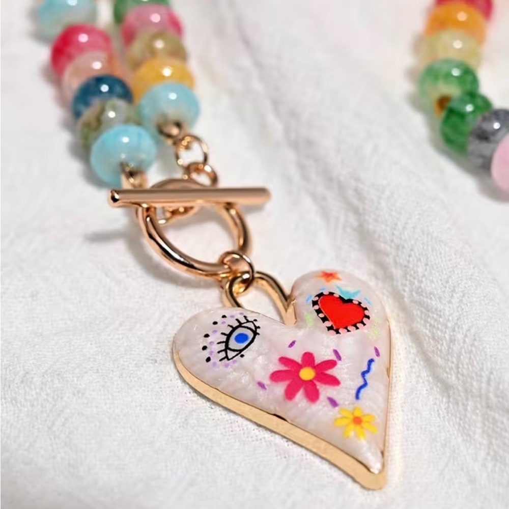 🌟HP!🌟 HEART OF GLASS 🩵✨ Handcrafted Glass Bead Heart Pendant Statement Necklace - Picture 2 of 5